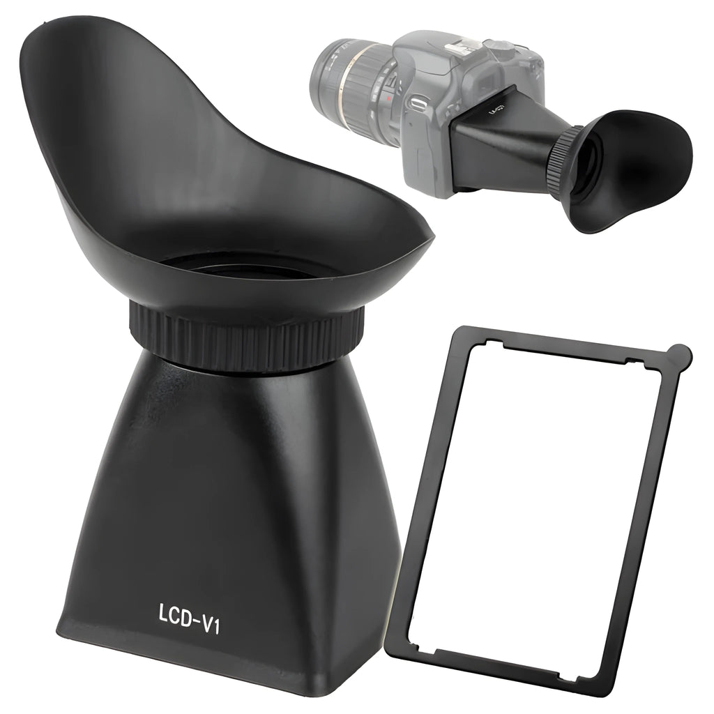 Black camera framing amplifier LCD viewfinder attached to DSLR camera with 2.8x magnification for outdoor shooting