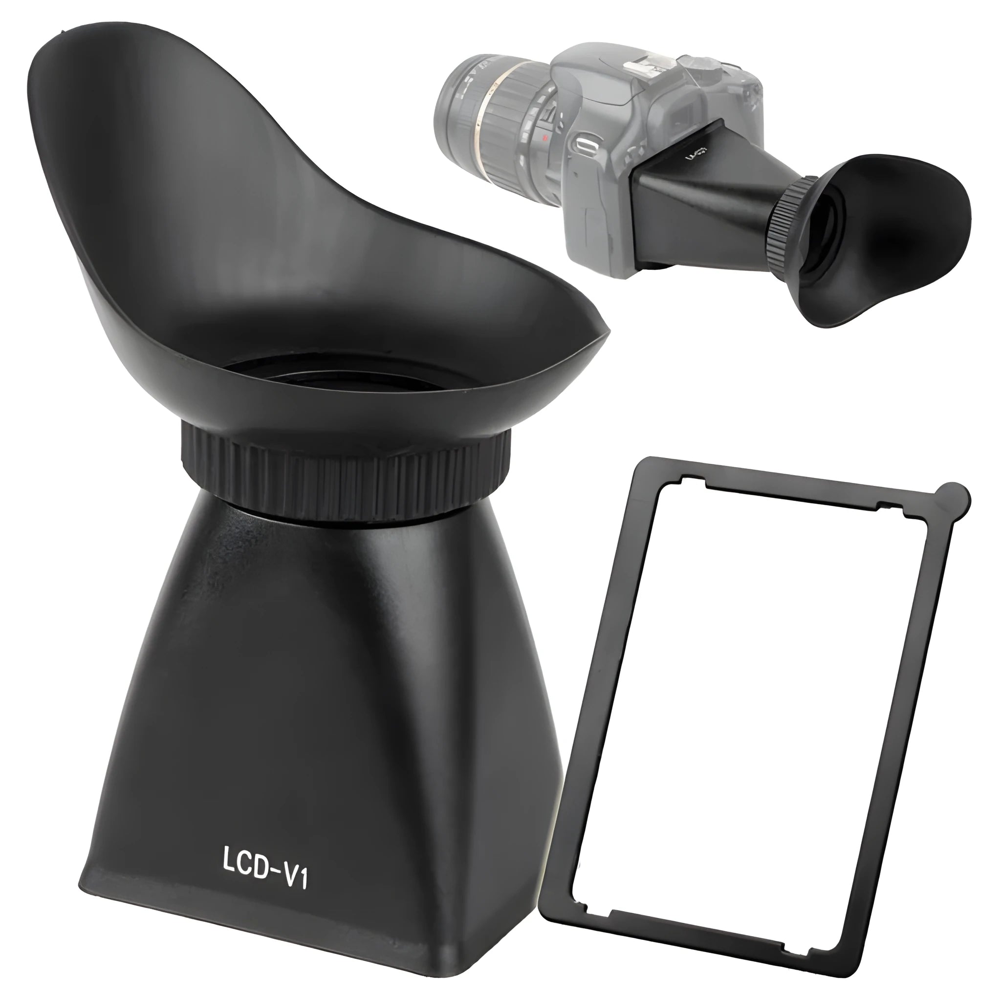 Black camera framing amplifier LCD viewfinder attached to DSLR camera with 2.8x magnification for outdoor shooting
