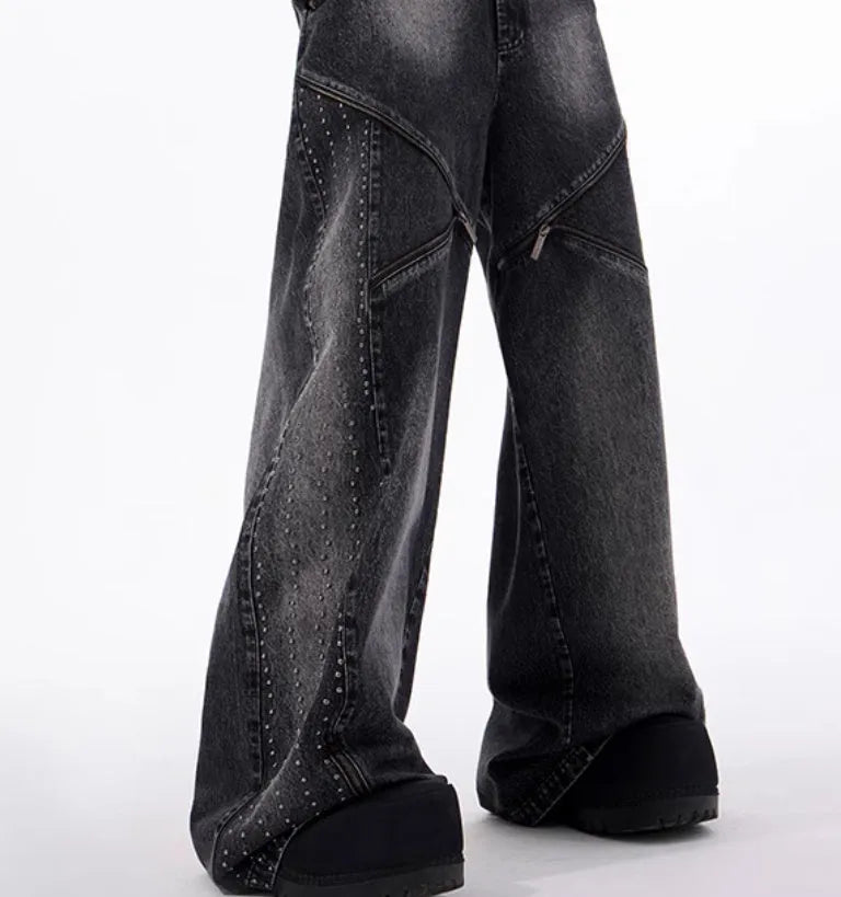 Korean style black and grey washed denim wide leg pants and matching waistcoat co-ord set
