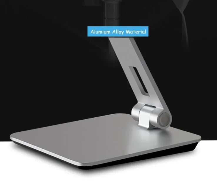 Folding aluminium phone and tablet stand in silver, shown holding a tablet at an angle.