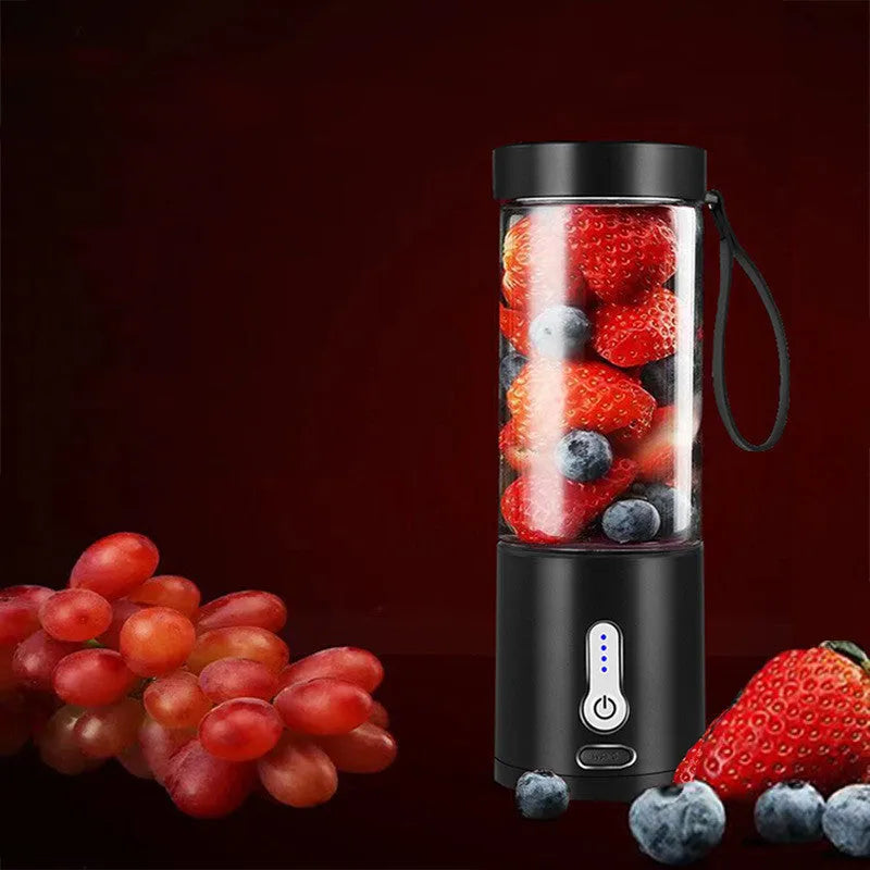 Black rechargeable portable blender with clear 530ml cup and five-blade cutter head