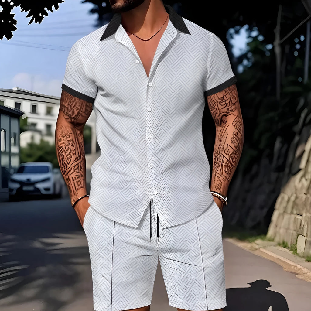 Men's casual short sleeve suit set with digital print design, showing top and shorts in a light colour.
