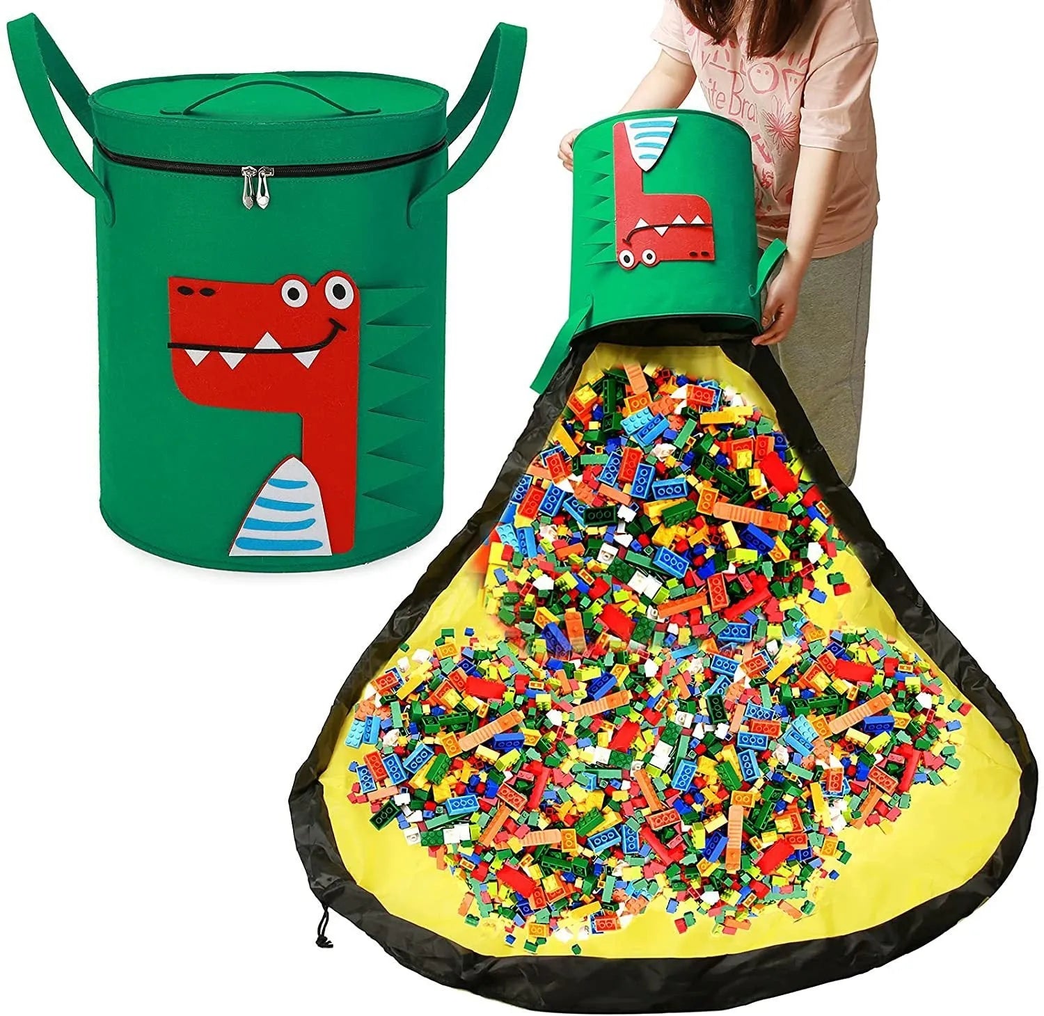 Green felt storage bag shown as both a flat play mat and gathered cube with pull rope closure