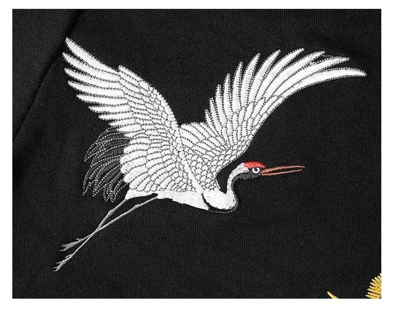 Chinese style men's black cotton hooded sweatshirt with fairy embroidery and animal pattern, loose fit