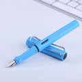 Ink sac pen with coloured plastic body and steel nib, shown with ink sac refills.