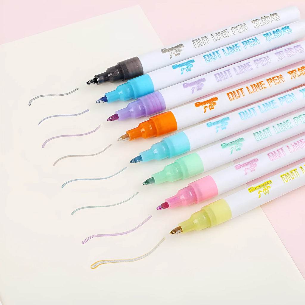 Set of eight fluorescent marker pens in a plastic storage case, showing bright colours and 2mm tips.