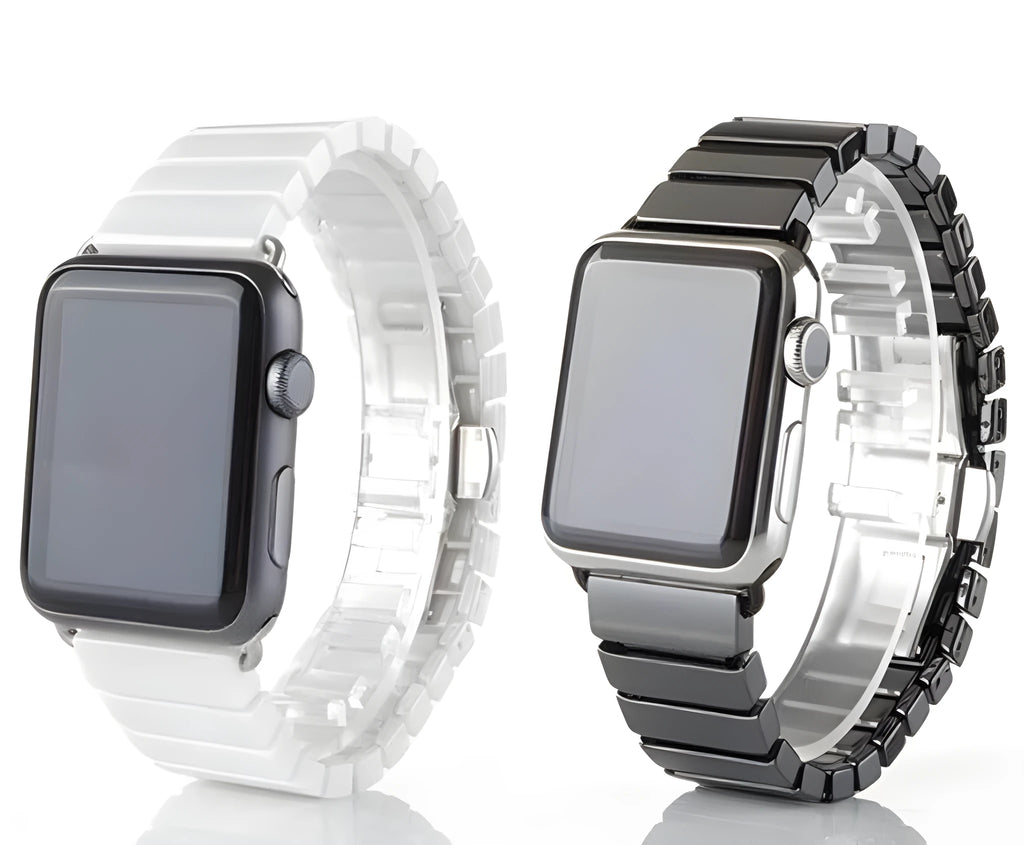 Ceramic Apple Watch strap with stainless steel clasp in black and white colour options