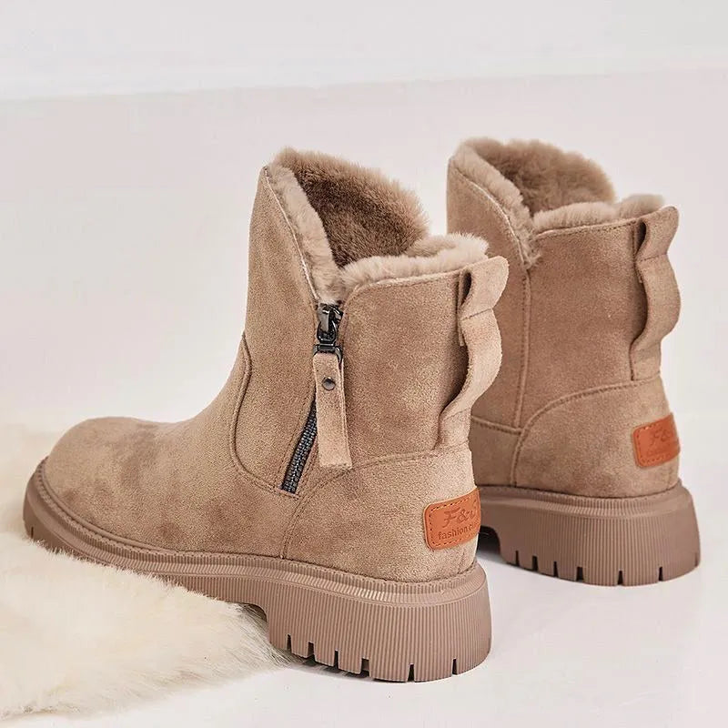 Black women's high-top snow boots with faux suede upper, side zipper, and thick plush lining.