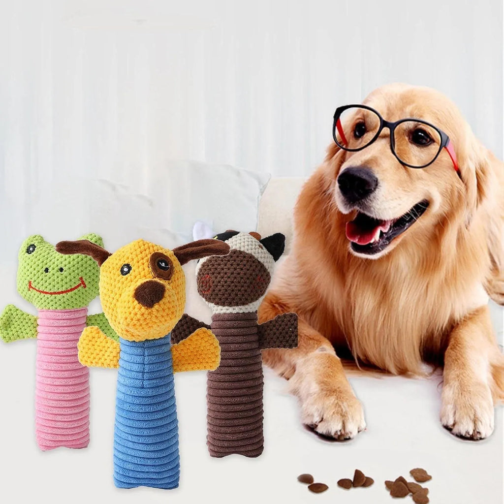 Squeaky stuffed dog chew toy in calf, frog, or puppy shape on white background