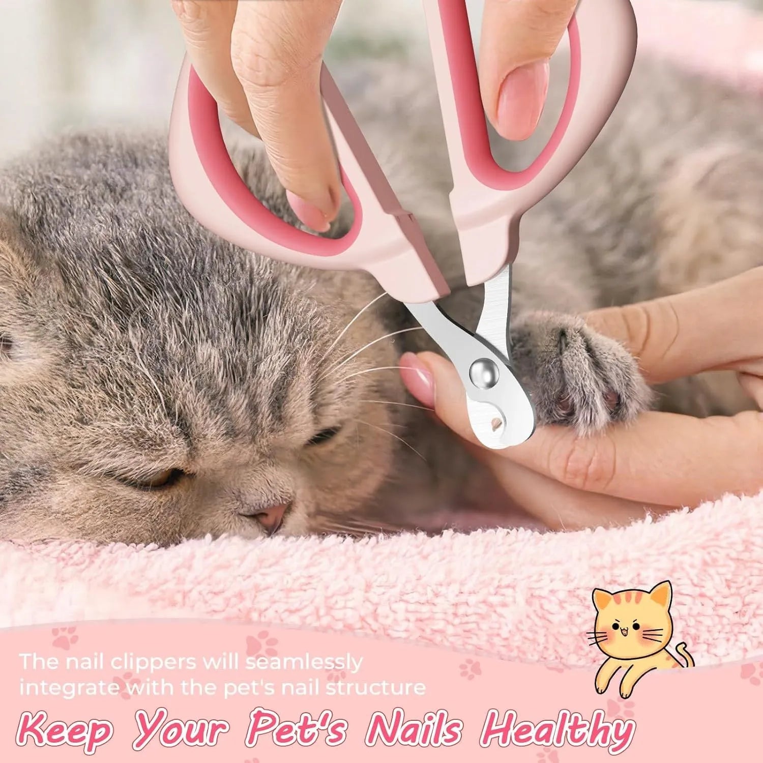 Blue cat nail clipper with positioning round hole and non-slip handle for pet grooming