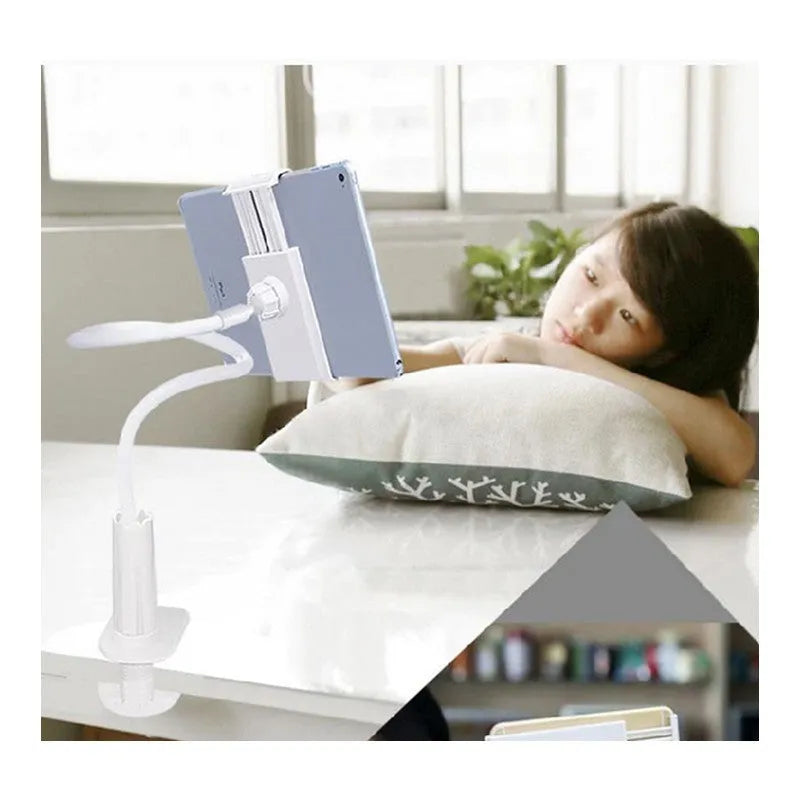 Flexible mount holder with bendable arm and suction base holding tablet at angle