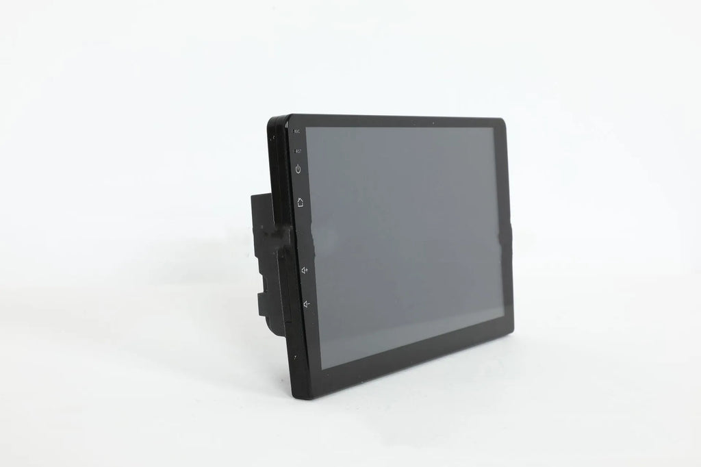 Black universal 10.1 inch Android car stereo head unit with touchscreen on a dashboard