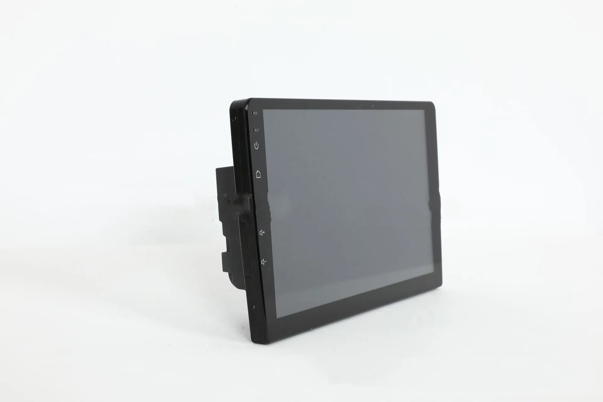 Black universal 10.1 inch Android car stereo head unit with touchscreen on a dashboard