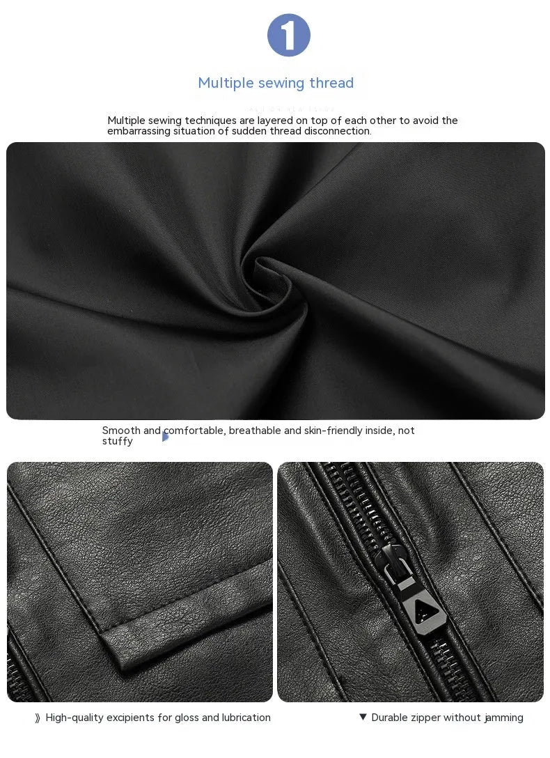 Men's slim lapel casual leather jacket in black, artificial leather, spring autumn outerwear