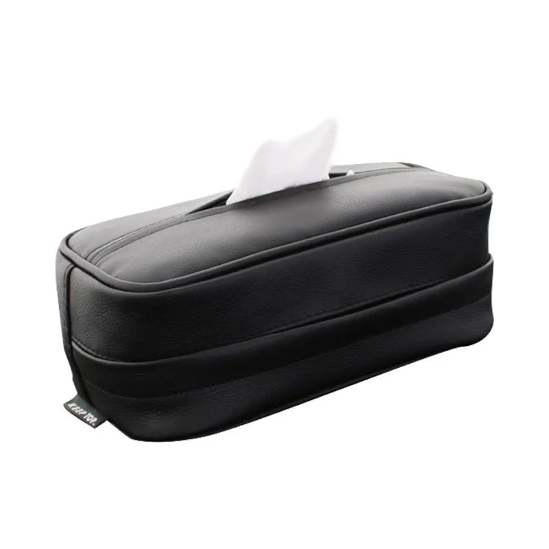 Black PU leather hanging storage box organiser with handle, shown next to a beige medium size model.