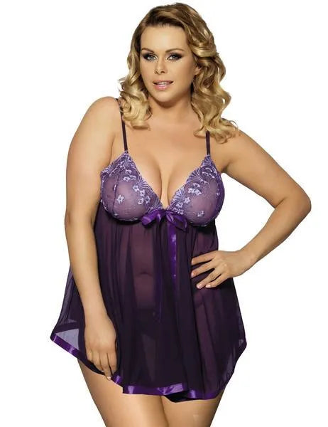 Women's purple lace mesh sleepdress seamless construction lingerie sleepwear