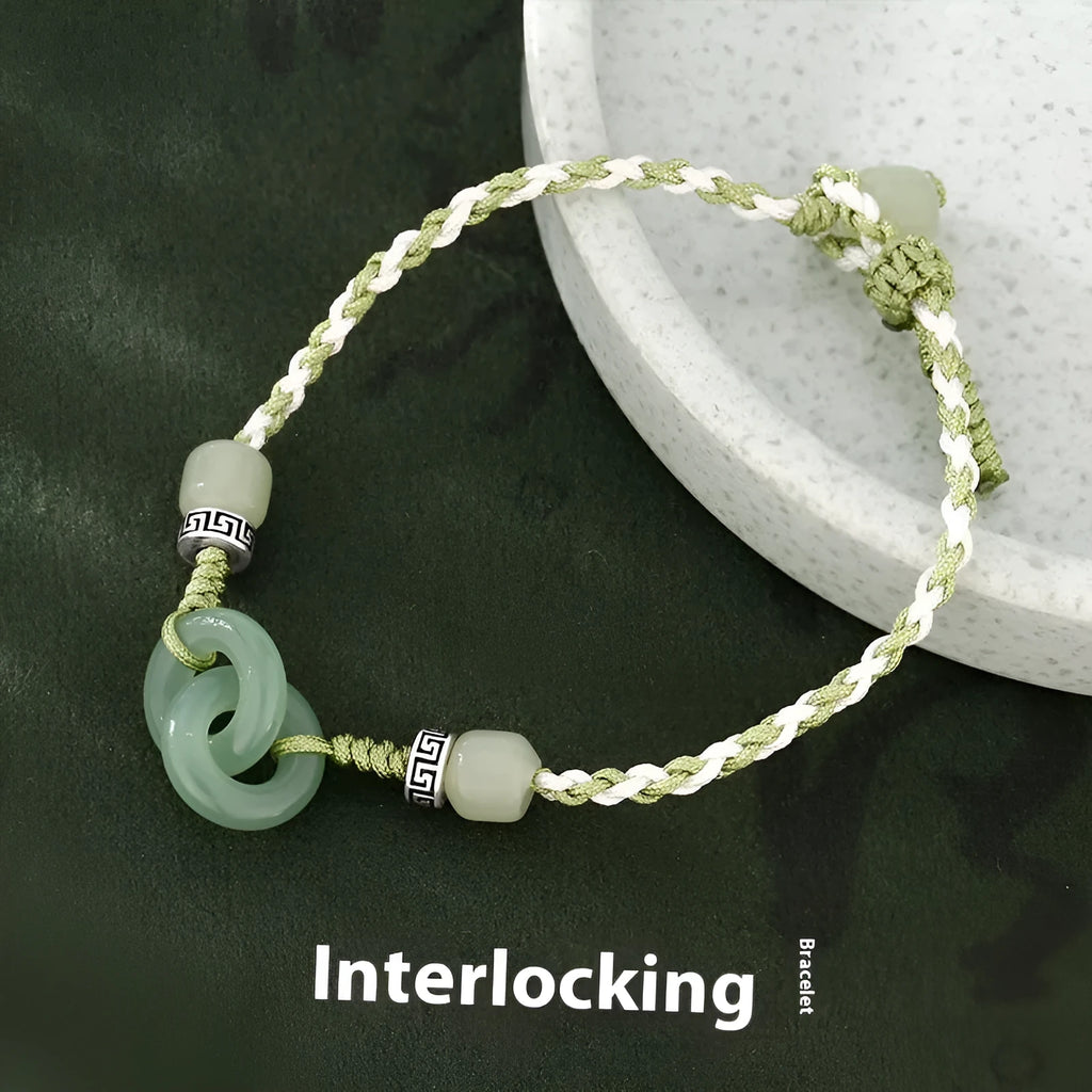 Green jade buckle copper bracelet with double ring strap ethnic design for women