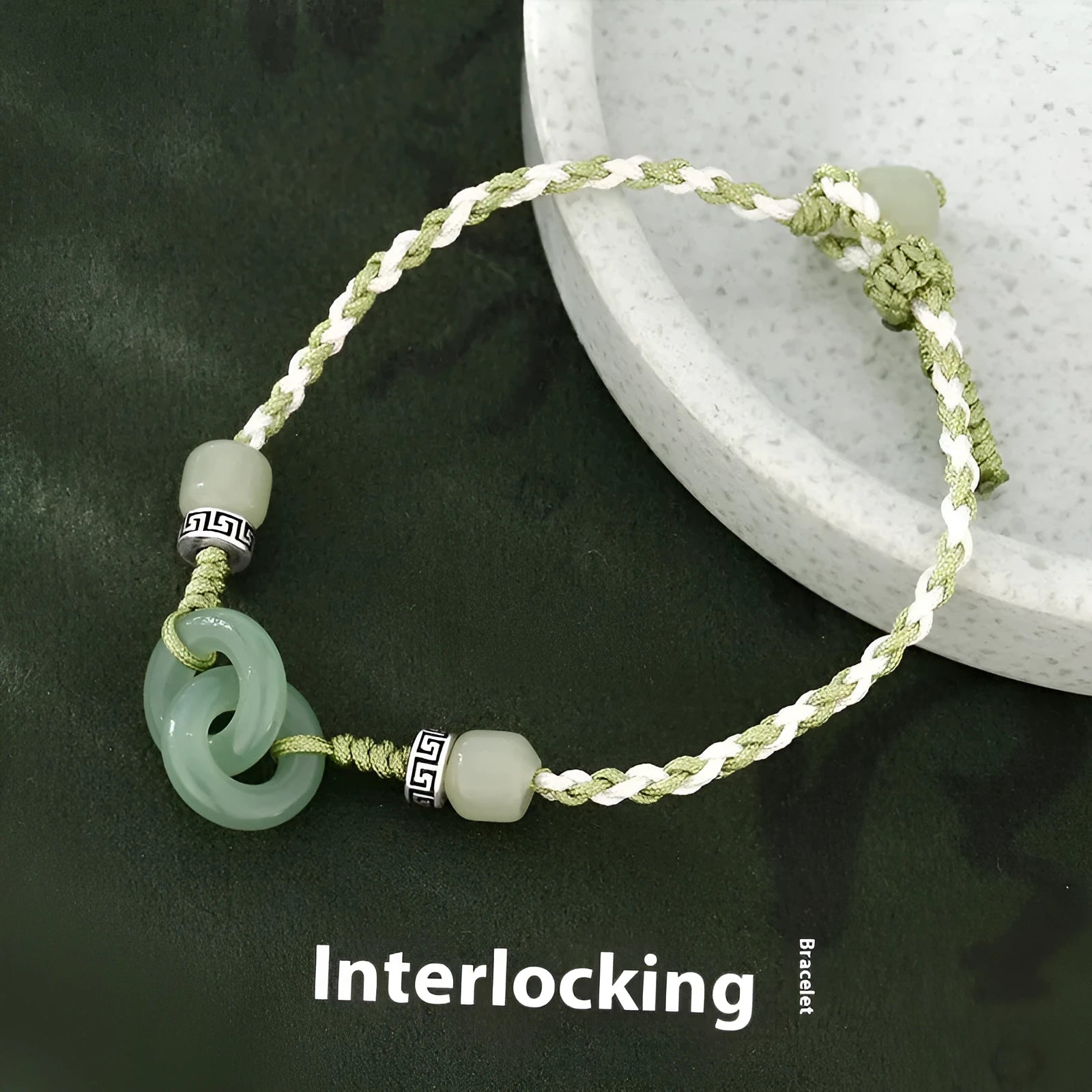 Green jade buckle copper bracelet with double ring strap ethnic design for women