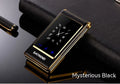 Dual screen flip phone with touch screen showing black, gold, and coffee colour options
