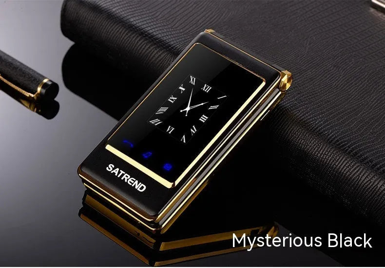 Dual screen flip phone with touch screen showing black, gold, and coffee colour options