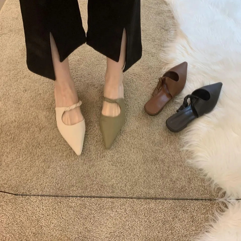 Soft leather women's slippers with semi-toe box design in black, khaki, cream-white, or dark brown.