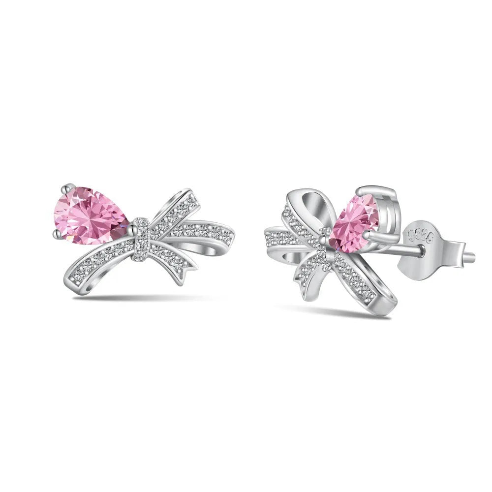 S925 sterling silver butterfly earrings with pear-shaped zircon in blue, pink, and platinum colours
