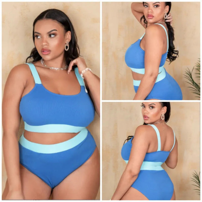 Women's high-waist bikini set in pure colour with split styling and stitching detail
