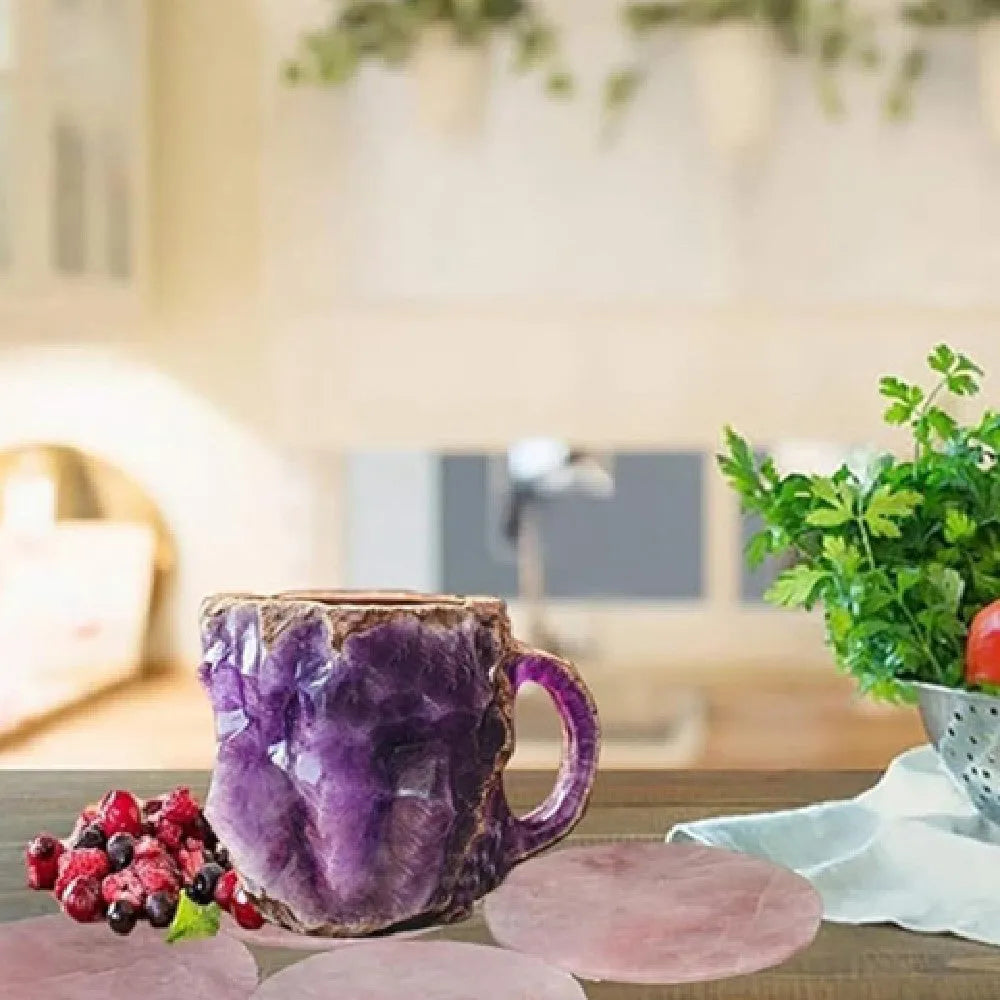 Purple resin mineral crystal coffee mug with handle showing 3D texture and 10cm height