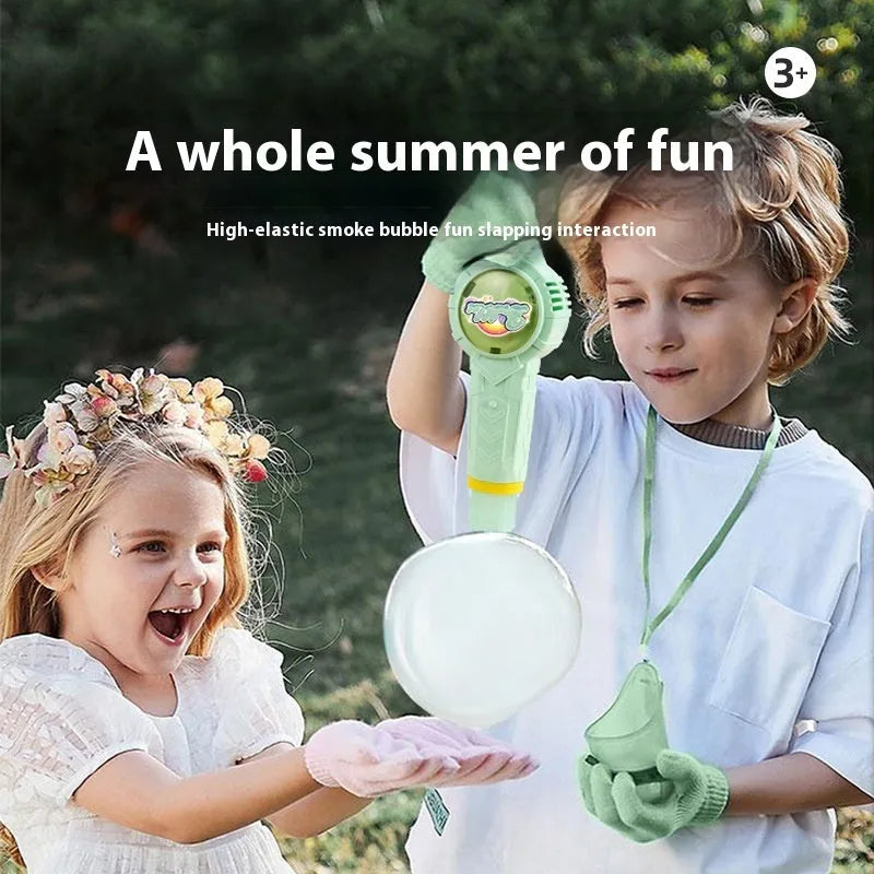 Handheld electric smoke machine toy in green with bubble water bottle, atomizer, and gloves, 25cm long
