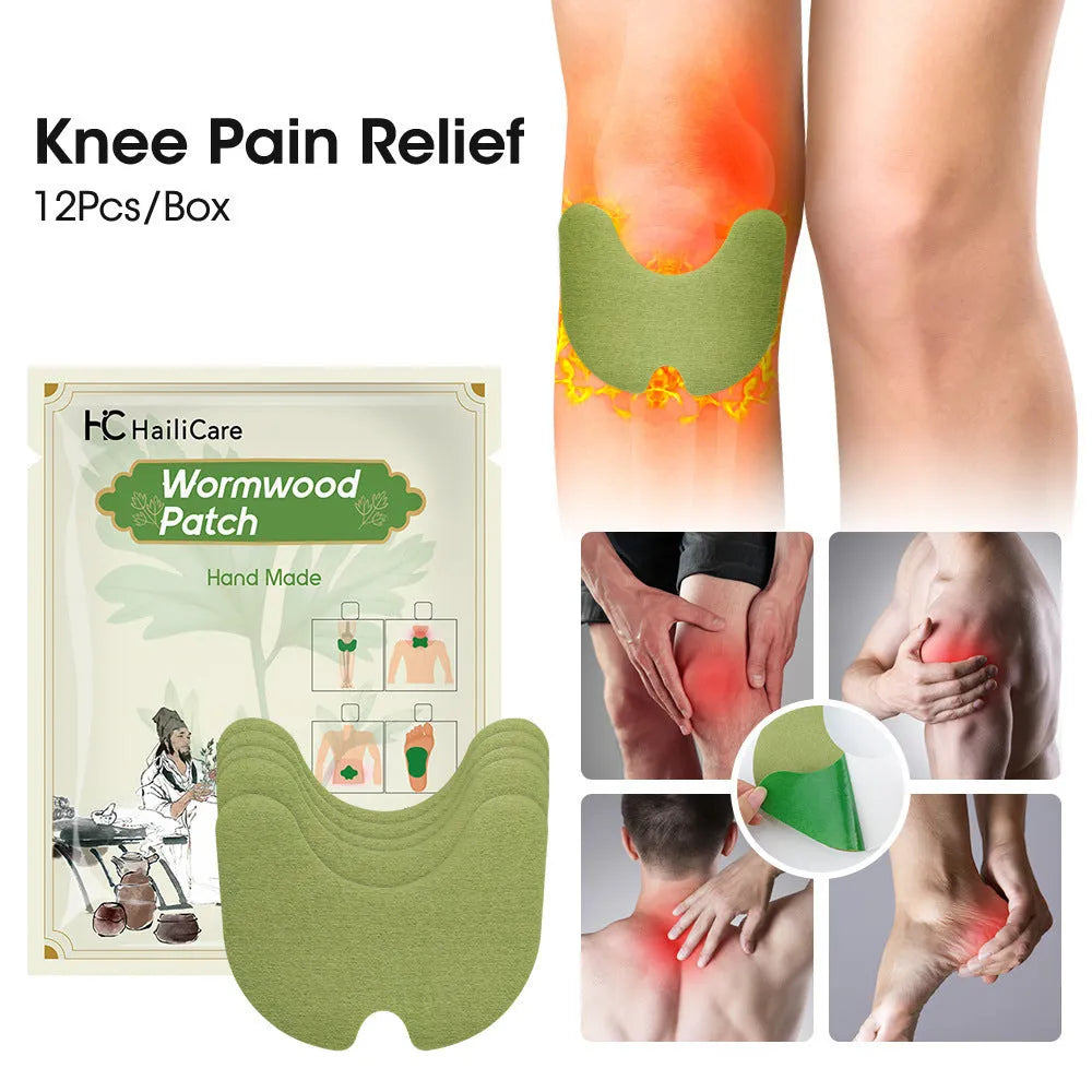 Chinese mugwort herbal patch collection showing knee, lumbar, cervical and foot patches with traditional herbal ingredients