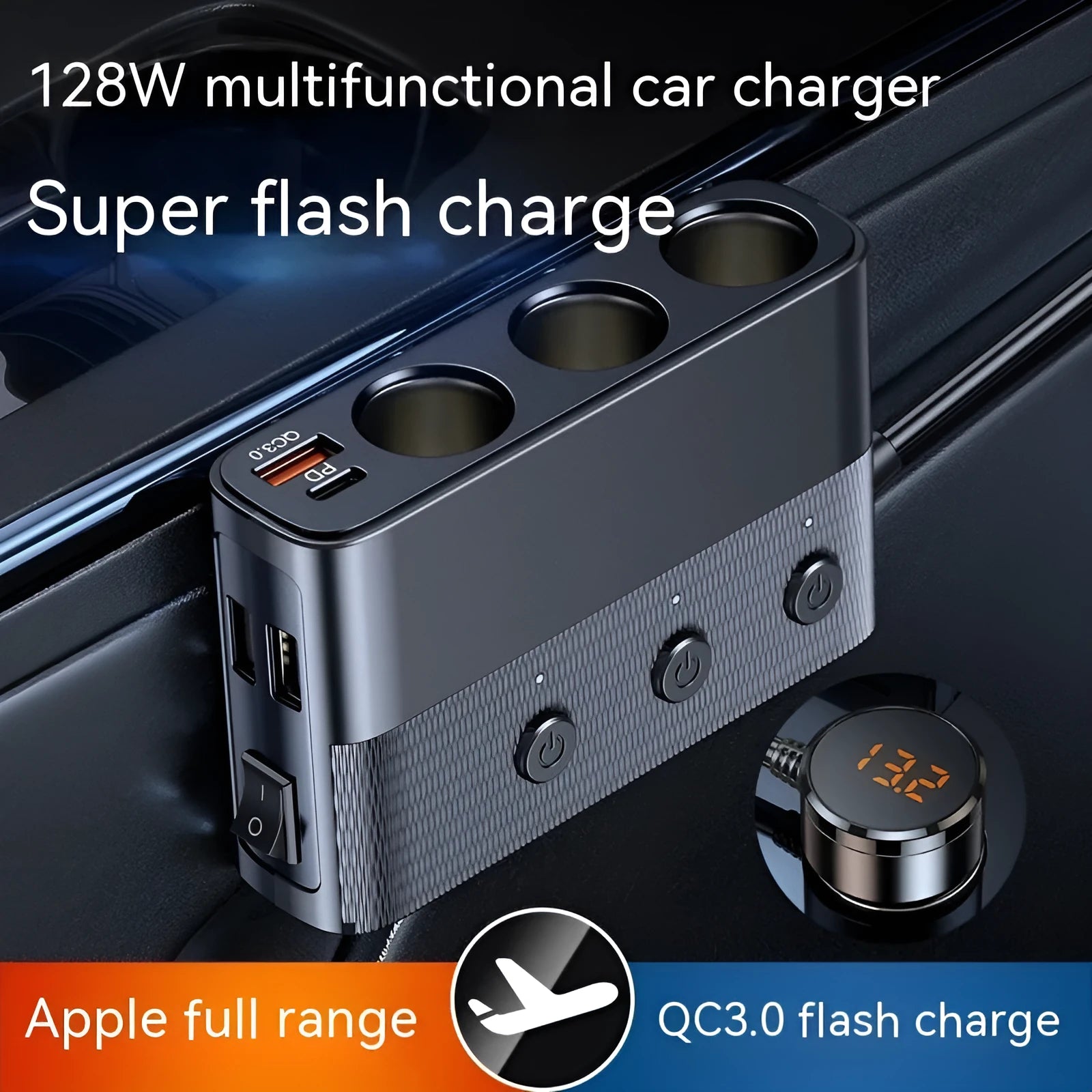 Black car cigarette lighter multi-port USB fast charger with PD and QC3.0 ports
