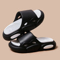 Two-colour thick-soled EVA slippers with leather lining in pink purple, white green, and black white colour options.