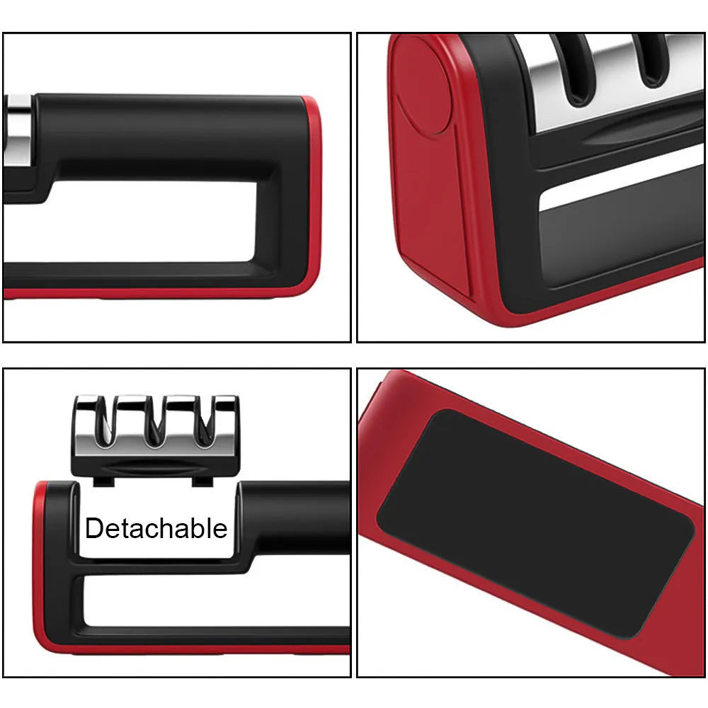 Black and red professional three-stage diamond knife sharpener with non-skid feet