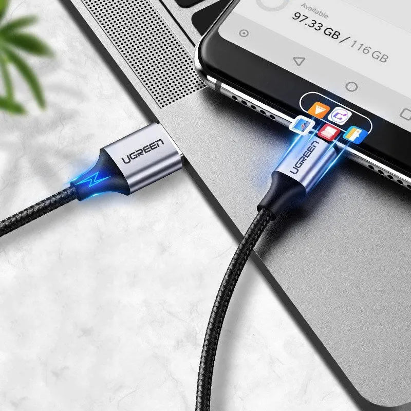 Ugreen black nylon braided USB Type-C to USB-A fast charging cable with alloy connectors.