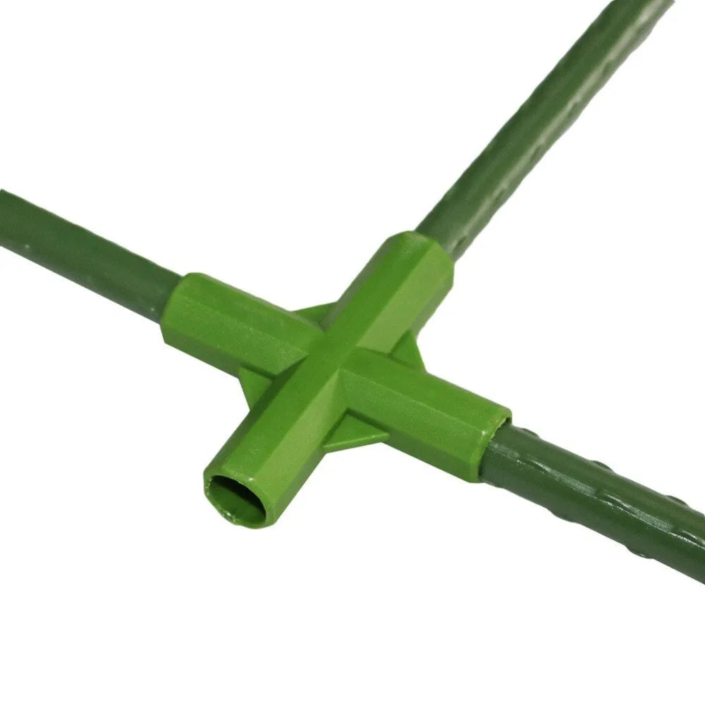 Two white PP plastic garden stake connector clips showing 3-way and 4-way joints for 11mm poles.