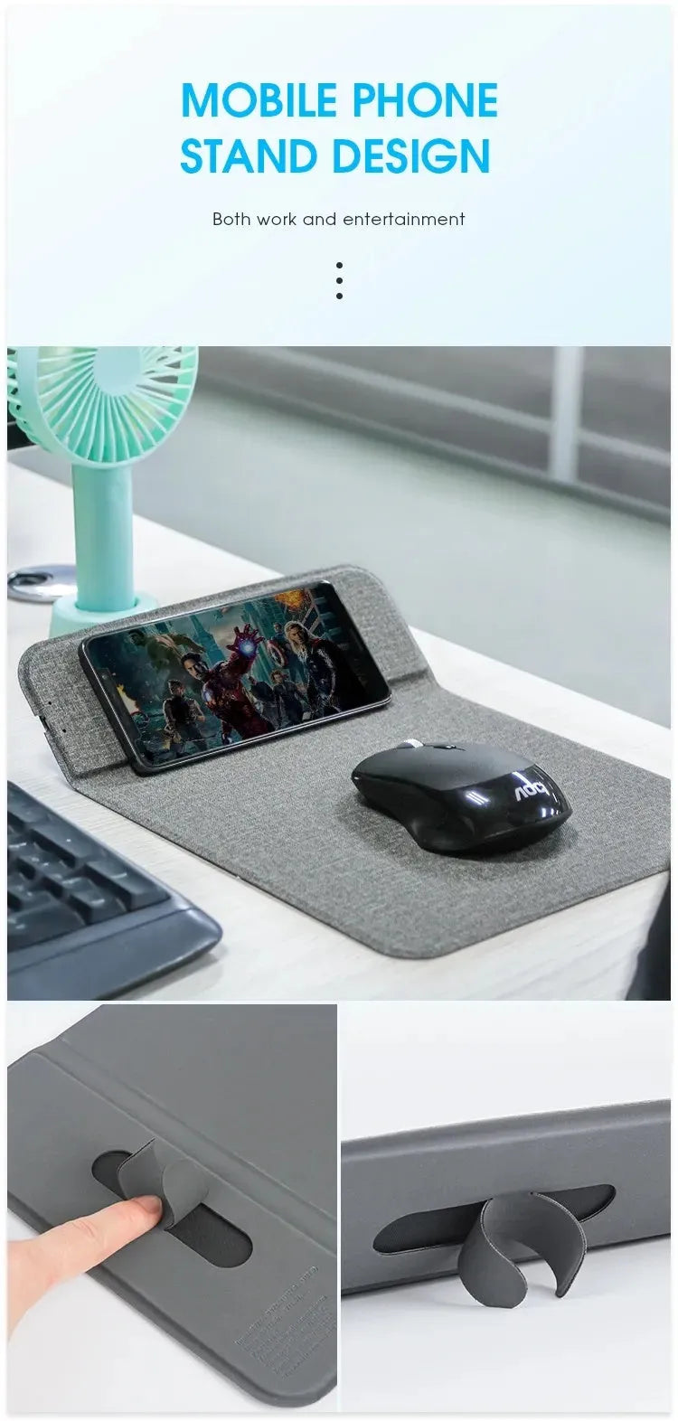 Foldable cloth wireless charging phone holder showing 10W Qi charging logo.