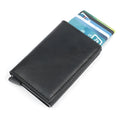 PU aluminium alloy automatic card holder with RFID protection in brown colour, showing pop-up card slot.