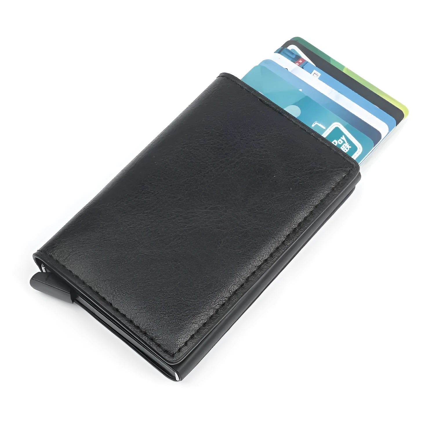 PU aluminium alloy automatic card holder with RFID protection in brown colour, showing pop-up card slot.