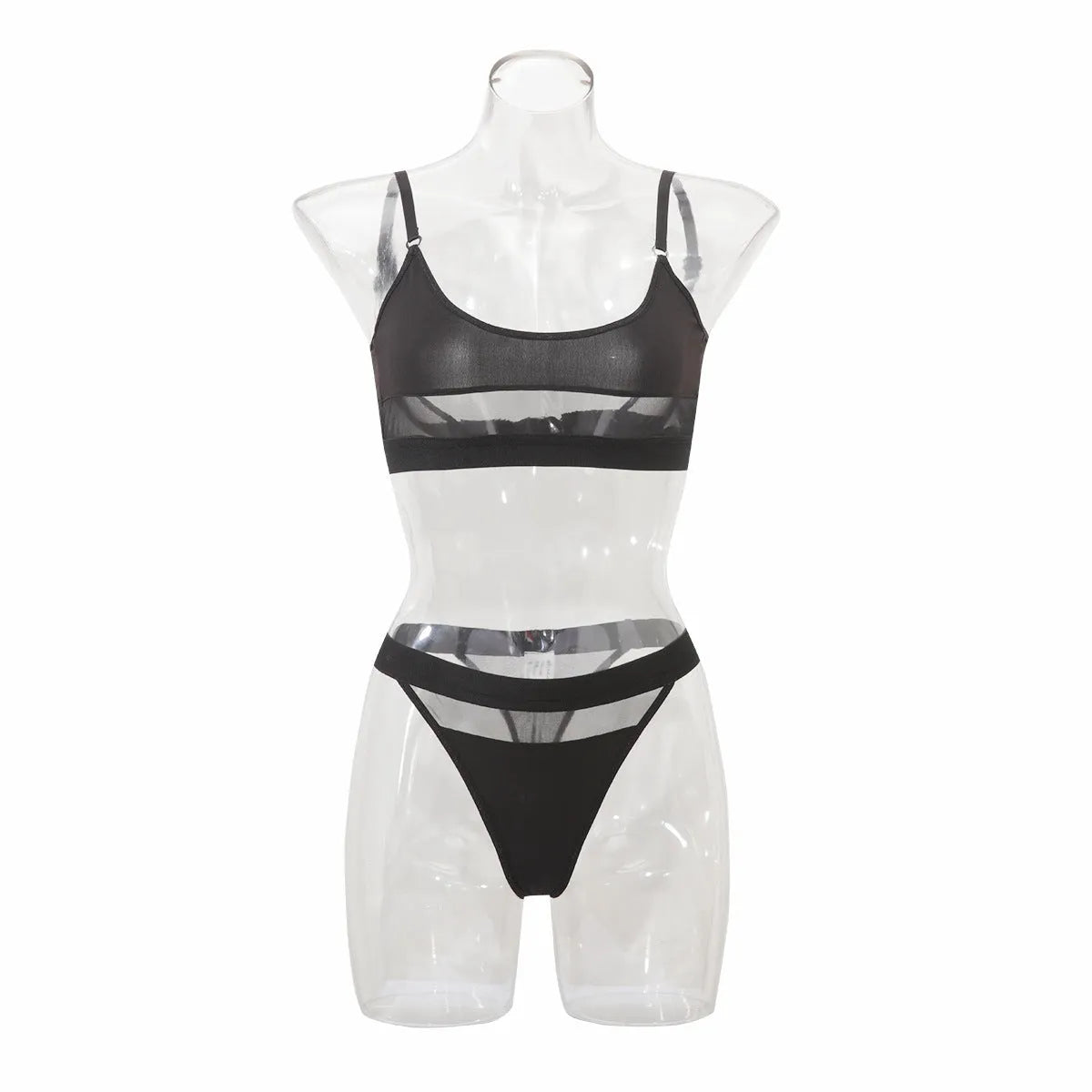 Women's black full cup bra and pants underwear set with adjustable straps on a mannequin.