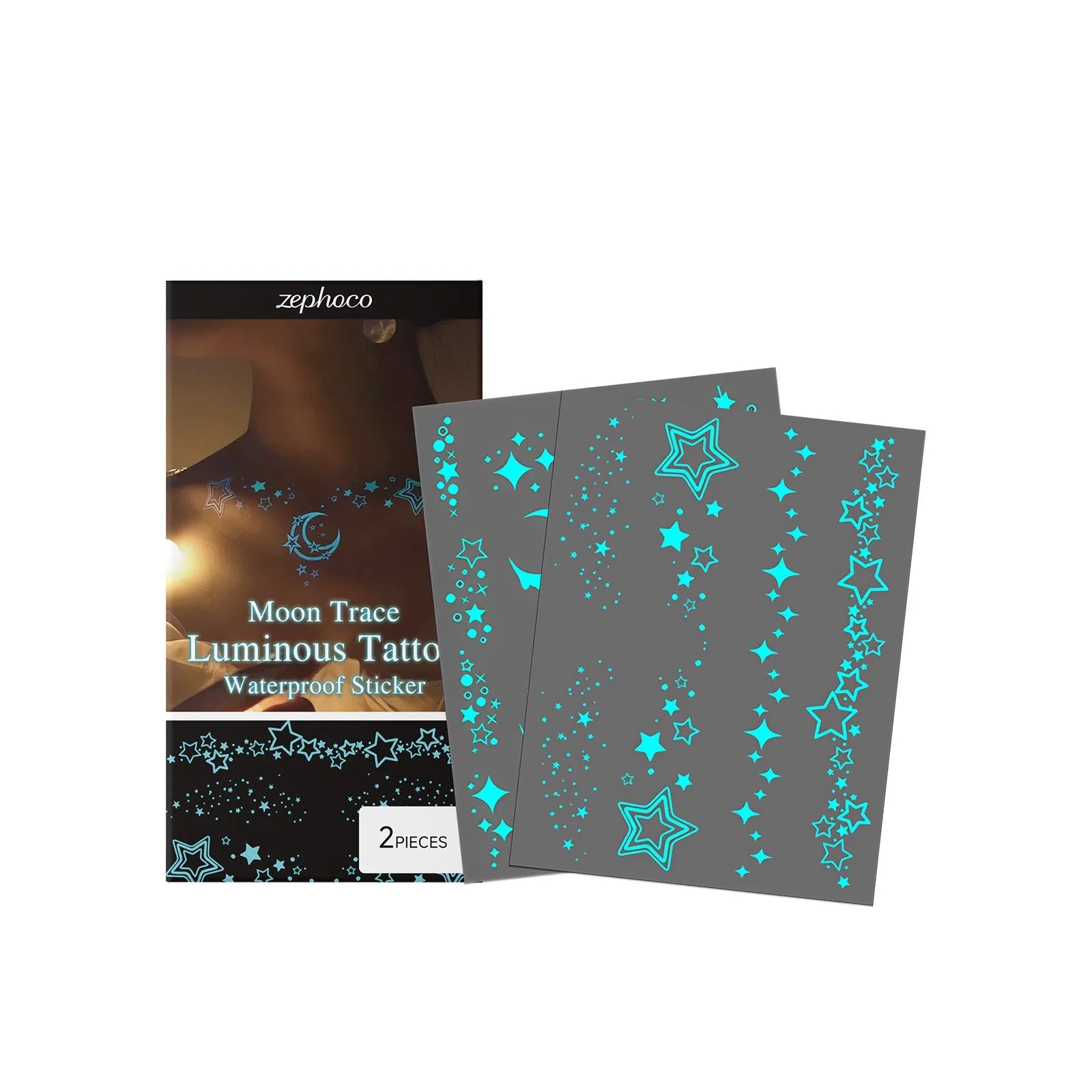 Luminous temporary tattoo stickers pack with glow-in-the-dark party designs