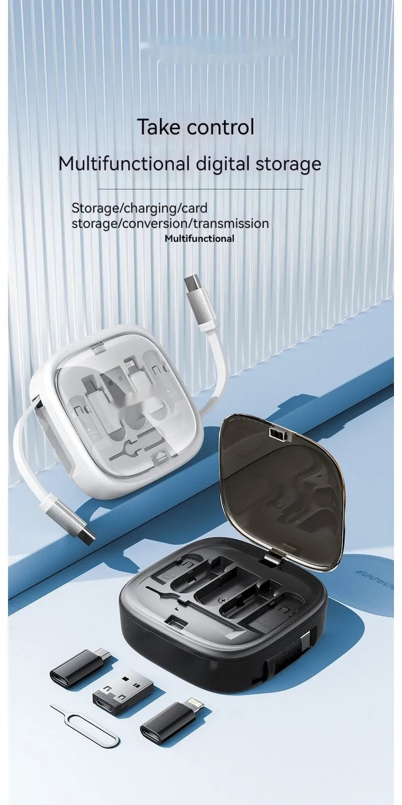 60W fast charging cable storage box in black, with adjustable 0.5-1m cable and multi-interface support