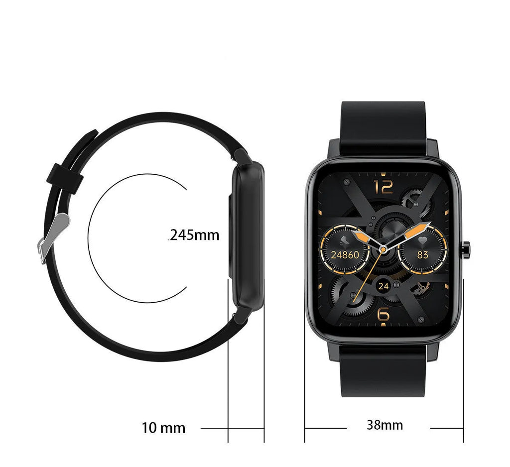 H80 sports smart watch with black silicone strap showing health metrics on a 1.69-inch spherical glass touchscreen.