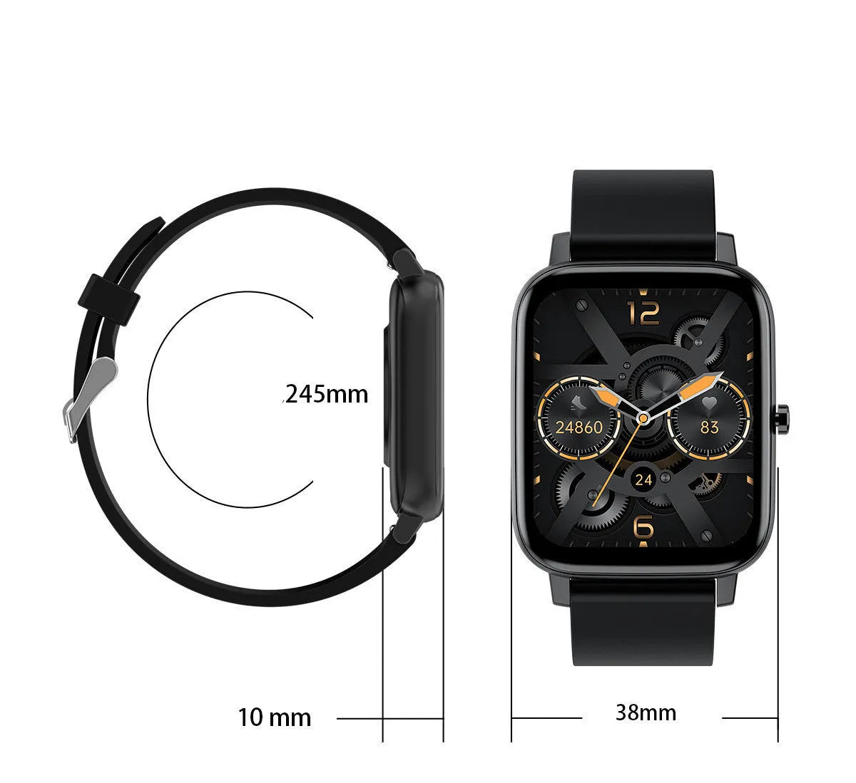 H80 sports smart watch with black silicone strap showing health metrics on a 1.69-inch spherical glass touchscreen.