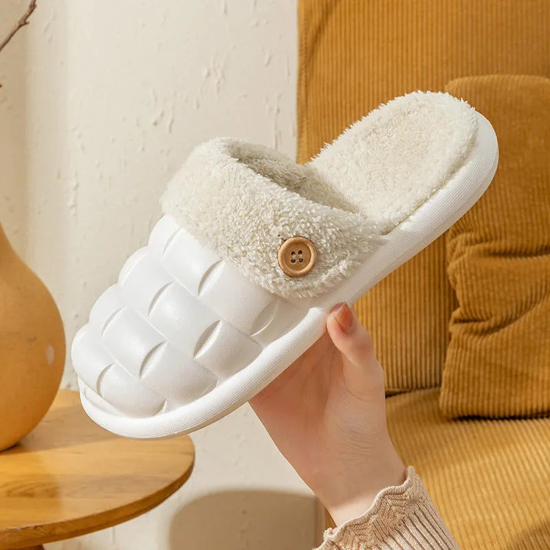 Plaid detachable EVA house slippers with plush lining, shown in multiple colours on a white background.
