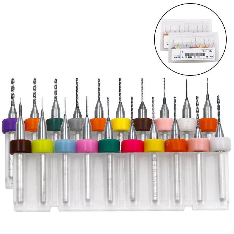 Tungsten steel straight shank PCB drill bits with small diameter blades, 10-piece pack.