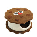 Khaki coloured enclosed cat house shaped like sandwich cookie with removable cushion for winter sleeping