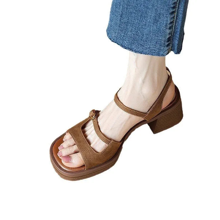 Women's open toe square toe retro platform sandals in milky white and brown colours.