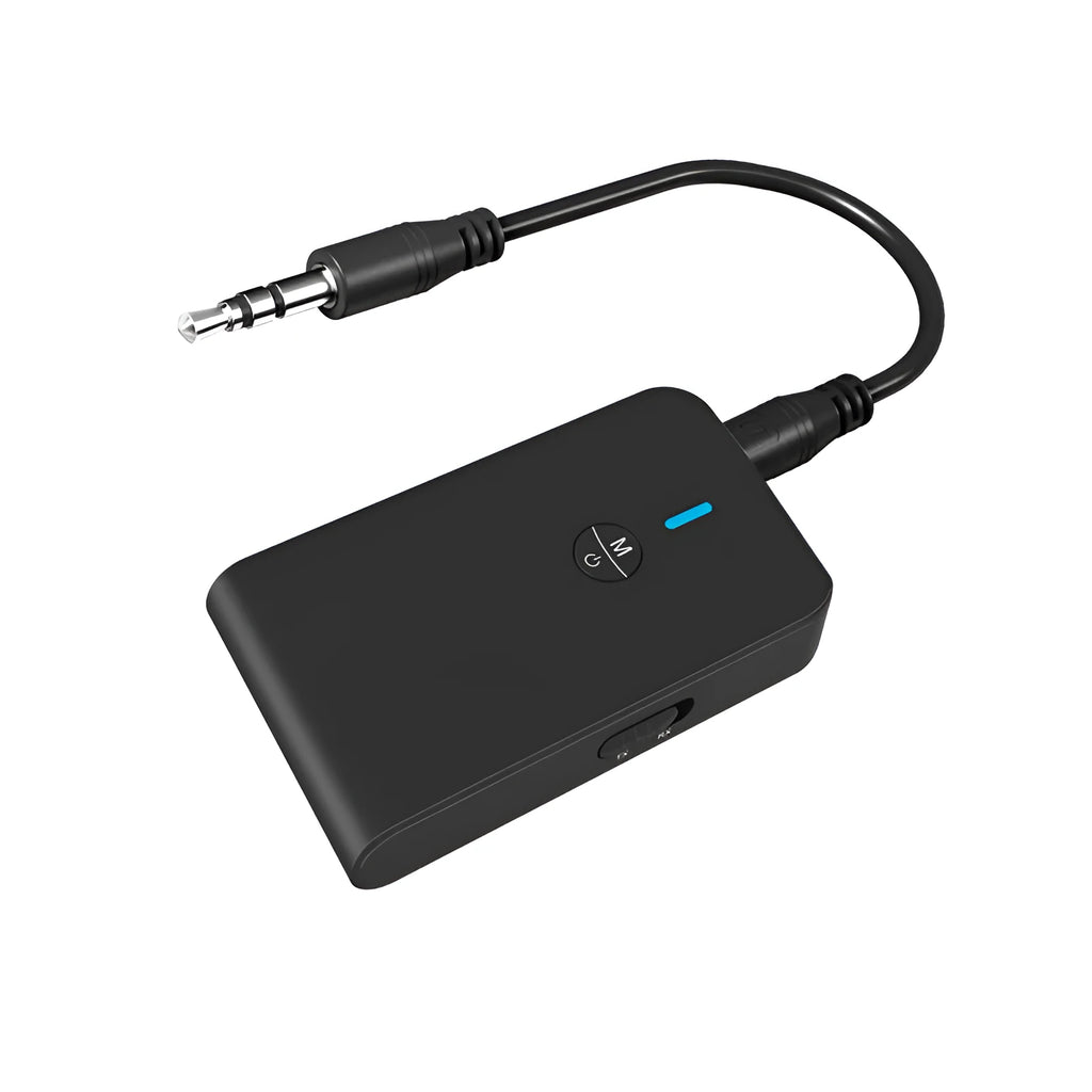 Black Bluetooth audio adapter with 3.5mm AUX plug and external power supply unit