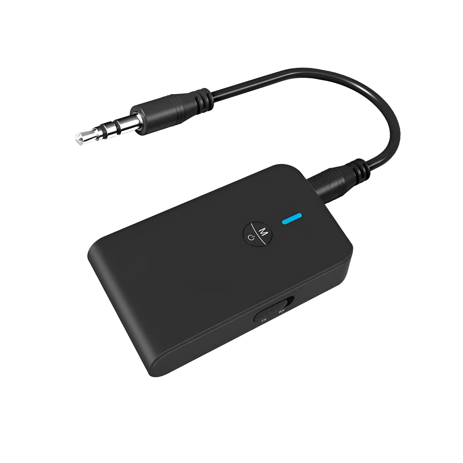 Black Bluetooth audio adapter with 3.5mm AUX plug and external power supply unit