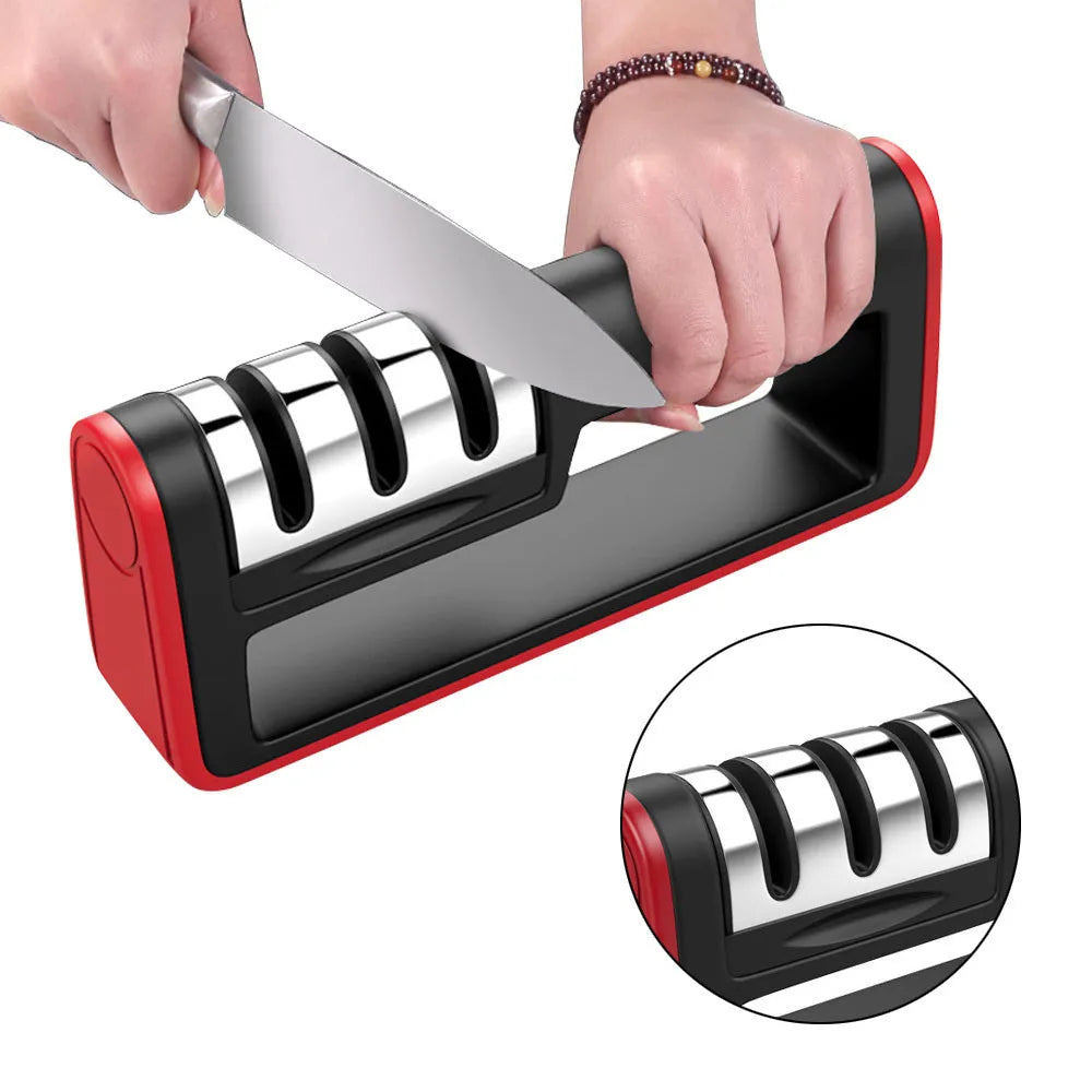 Black and red professional three-stage diamond knife sharpener with non-skid feet